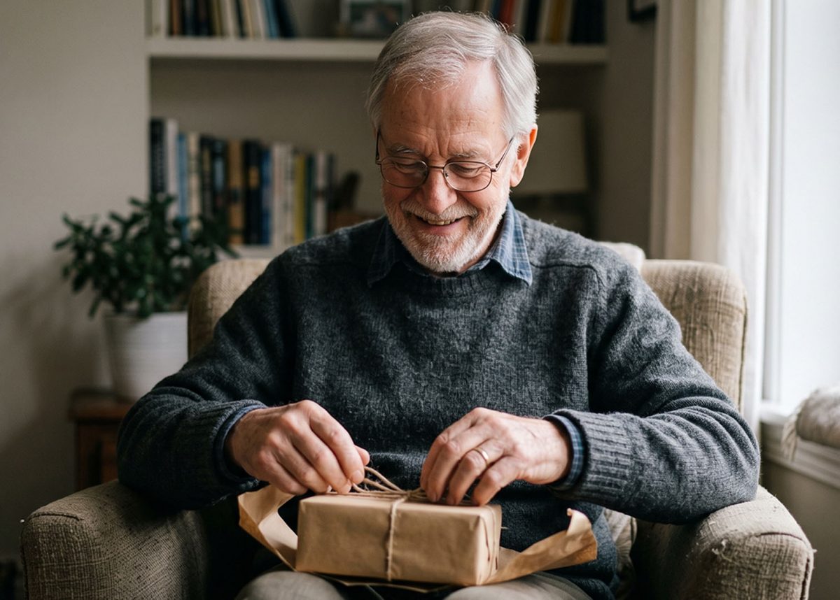 a senior man opening a gift