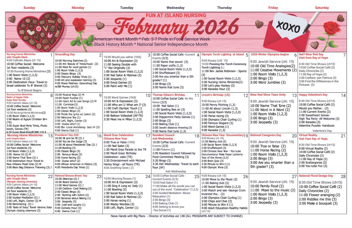 Island Nursing and Rehab center February calendar of resident activities