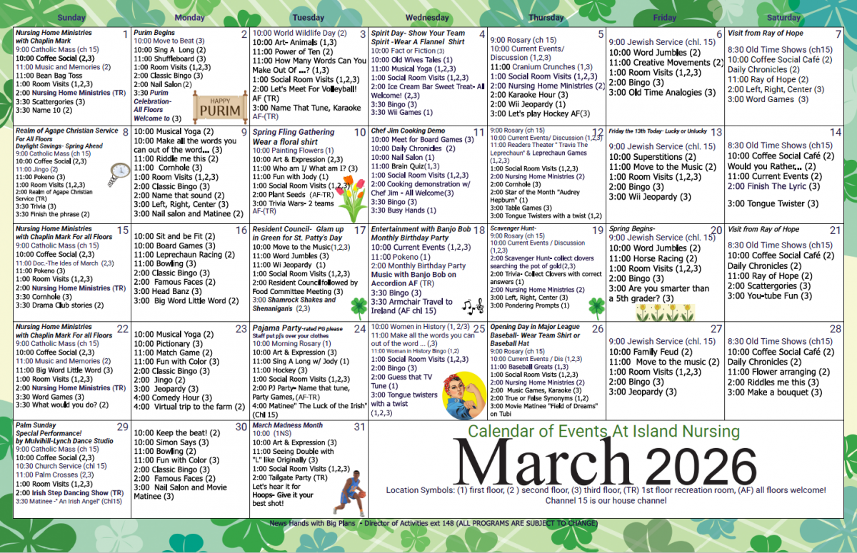 Island Nursing and Rehab resident activity calendar