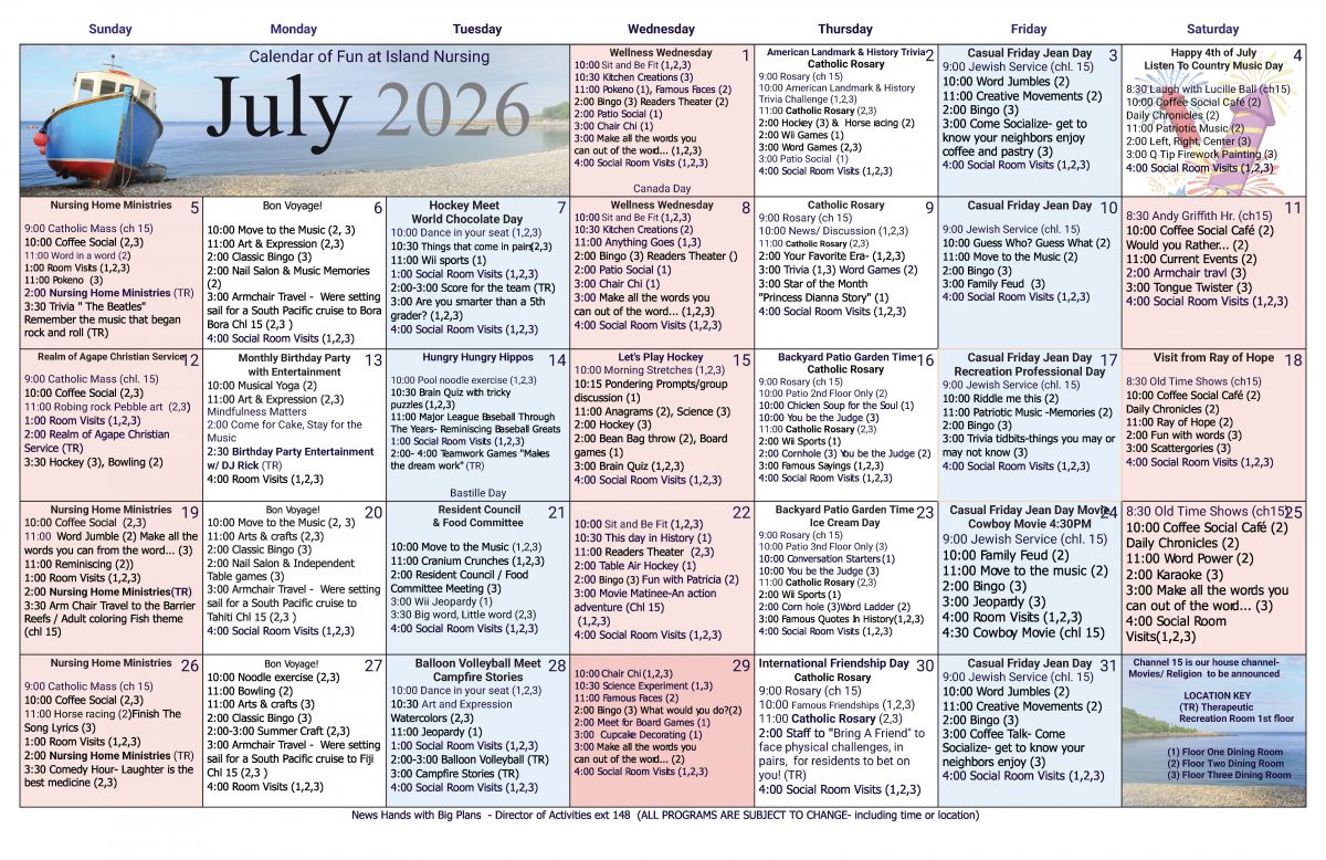 Calendar July 26 for Island Nursing and Rehab Center residents