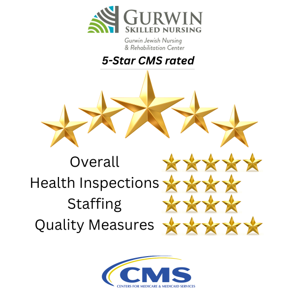 GJNR CMS star rating logo July 2026 Gurwinwebsite (2) Gurwin is a 5-star overall CMS- rated skilled nursing community