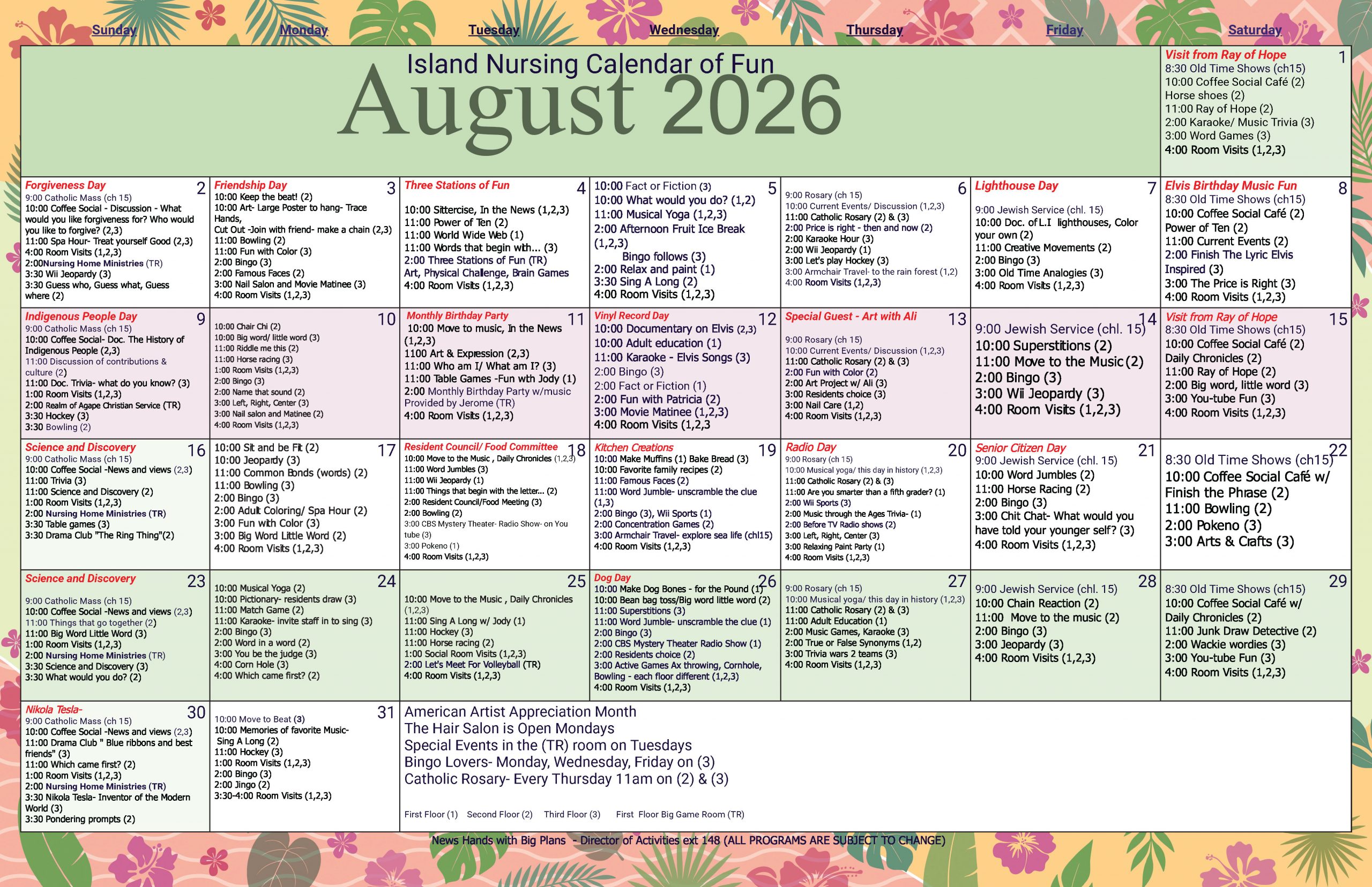 August Activities Calendar Island Nursing and Rehab Center