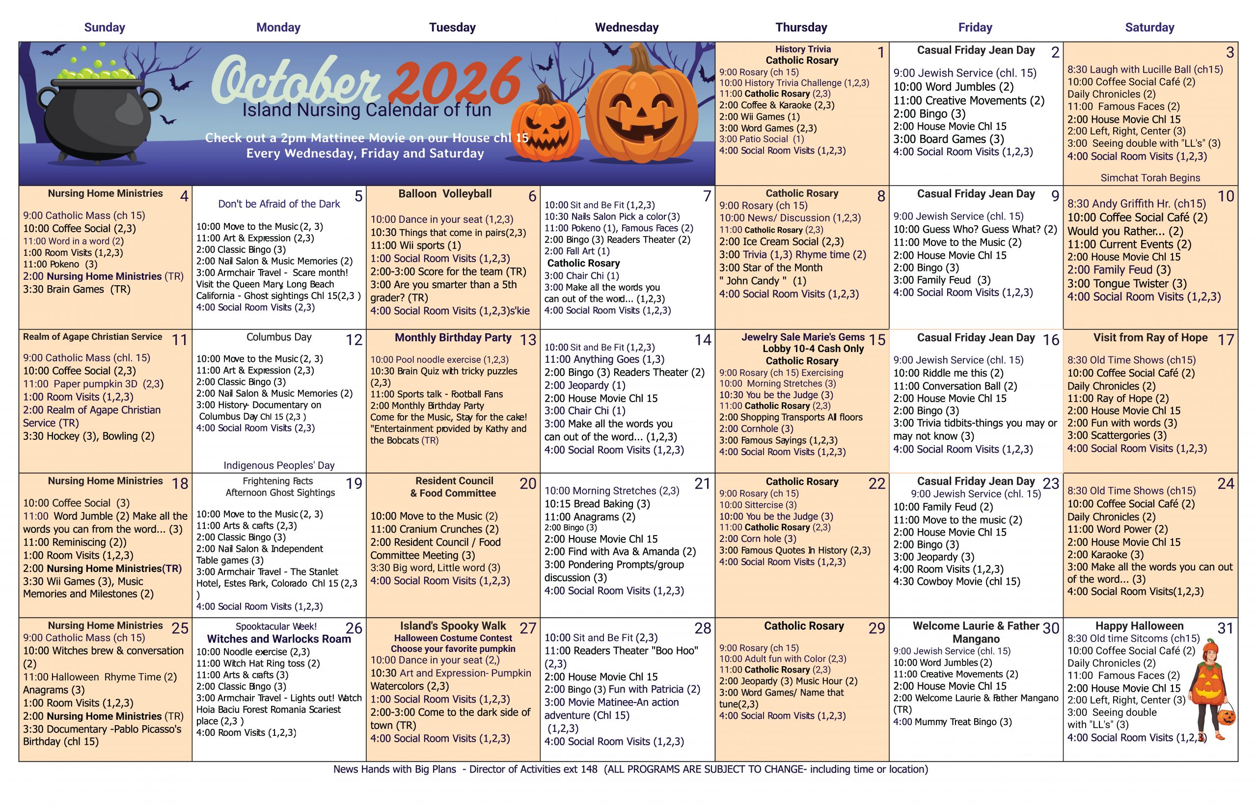 October Activities Calendar 2026 Island Nursing and Rehab Center